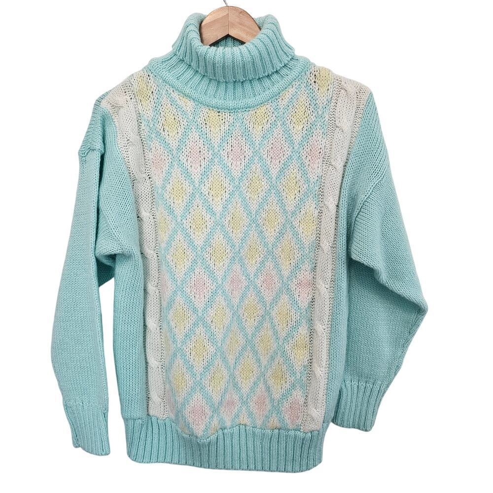 Vintage Argyle Sweater Women XL 90s Blue Pastel Cottage Preppy Academia Coquette